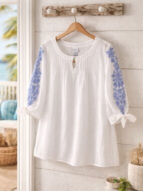 Liz Claiborne White Gauze Tunic with Blue Floral Sleeve Embroidery Size XXL